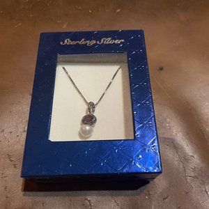 Sterling Silver Necklace w/ Garnet & Pearl Pendant